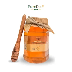 Pure Desi Acacia Honey jar, showcasing 100% raw, cold-extracted honey with no additives or heat processing, light golden in color and rich in natural nutrients.