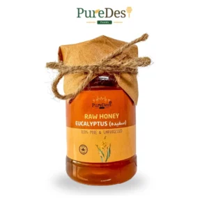 Pure Desi Eucalyptus Honey surrounded by natural ingredients, highlighting its authenticity and purity, with easy cash on delivery and a 30-day money-back guarantee across Pakistan.