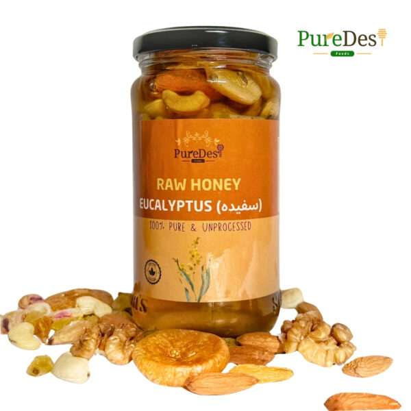 Pure Nuts Honey jar, featuring 100% raw, cold-extracted honey combined with premium nuts, with no additives or heat processing. The honey has a light golden hue, packed with natural nutrients, providing a wholesome and delicious treat.