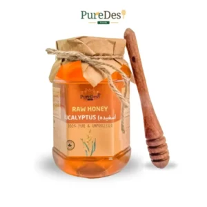 Cold-extracted, raw Pure Desi Eucalyptus Honey dripping from a spoon, showcasing its buttery sweetness, delivered straight to your door in Pakistan with a 30-day money-back guarantee.